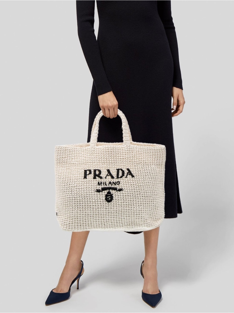 Prada Raffia White Knit Tote Beach Bag
